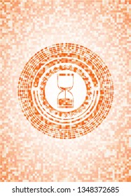 sand clock icon inside abstract orange mosaic emblem with background