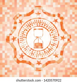 sand clock icon inside abstract orange mosaic emblem