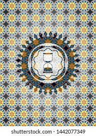sand clock icon inside arabesque emblem background. arabic decoration.