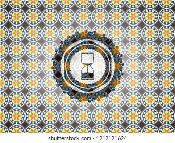 sand clock icon inside arabic style emblem. Arabesque decoration.