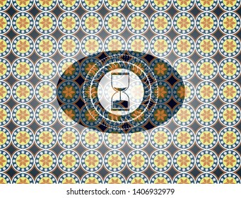 sand clock icon inside arabic emblem background. Arabesque decoration.