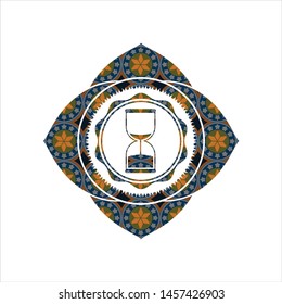 sand clock icon inside arabic badge background. Arabesque decoration.