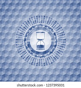 sand clock icon inside blue badge with geometric pattern background.