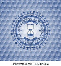 sand clock icon inside blue badge with geometric pattern background.