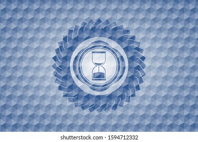sand clock icon inside blue emblem with geometric pattern background.
