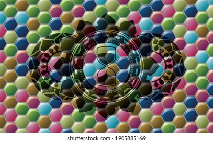 sand clock icon inside Colorful candy emblem. Hexagon graceful background. Intense illustration. 