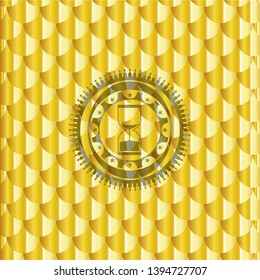 sand clock icon inside gold emblem. Scales pattern. Vector Illustration. Detailed.