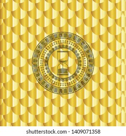 sand clock icon inside gold emblem. Scales pattern. Vector Illustration. Detailed.