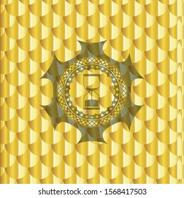 sand clock icon inside gold emblem or badge. Scales pattern. Vector Illustration. Detailed.