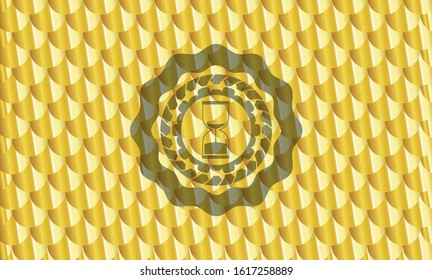 sand clock icon inside golden badge or emblem. Scales pattern. Vector Illustration. Detailed.