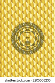 icono del reloj de arena dentro del emblema dorado o la placa. Patrón de escalas. Ilustración vectorial. Detallado. 