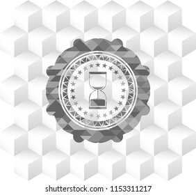 sand clock icon inside grey emblem. Retro with geometric cube white background
