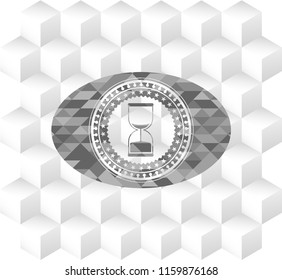 sand clock icon inside grey badge with geometric cube white background