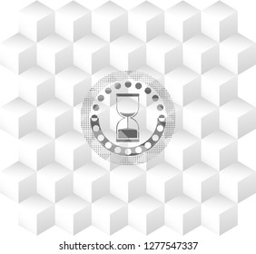sand clock icon inside grey icon or emblem with geometric cube white background