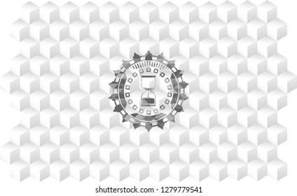 sand clock icon inside grey emblem with geometric cube white background - Powered by Shutterstock - Get 15% off with code: PIKWIZARD15