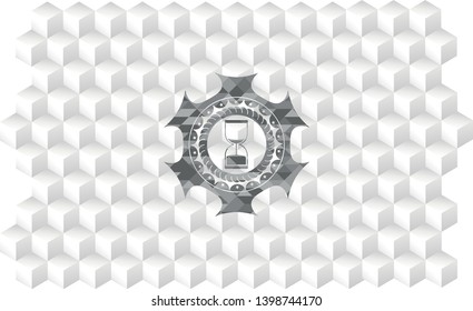 sand clock icon inside grey emblem with cube white background