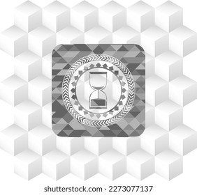 sand clock icon inside grey emblem. Retro with geometric cube white background. 