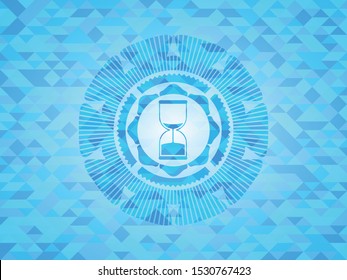 sand clock icon inside light blue emblem with mosaic ecological style background