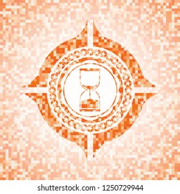 sand clock icon inside orange tile background illustration. Square geometric mosaic seamless pattern with emblem inside.
