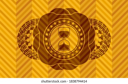 sand clock icon inside orange emblem. Geometric graceful background. Vector illustration. 