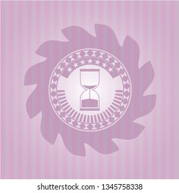 sand clock icon inside pink emblem. Retro