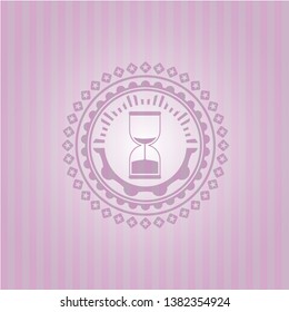 sand clock icon inside pink emblem. Vintage.