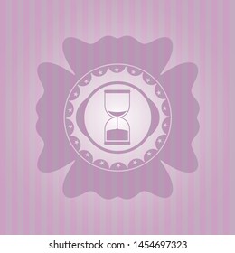 sand clock icon inside pink emblem. Retro