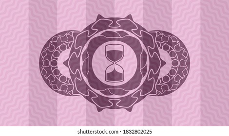 sand clock icon inside pink wavy realistic emblem. Curve fashionable background. Artistic illustration. 