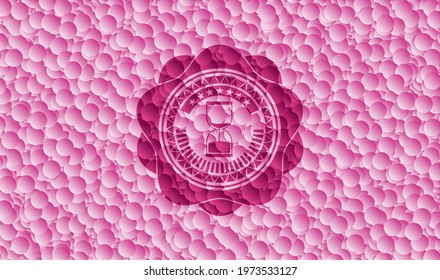 sand clock icon inside pink emblem with bubbles background. Vector Illustration. Detailed. 