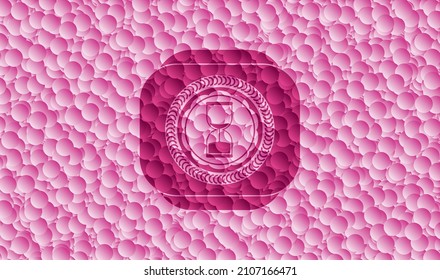 icono del reloj de arena dentro del emblema rosa con fondo de burbujas. Ilustración vectorial. Detallado. 