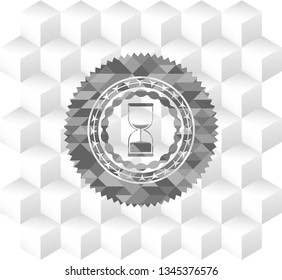 sand clock icon inside realistic grey emblem with cube white background