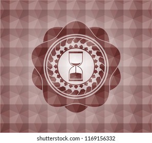sand clock icon inside red emblem or badge with abstract geometric polygonal pattern background. Seamless.
