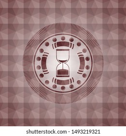 sand clock icon inside red emblem or badge with abstract geometric polygonal pattern background. Seamless.