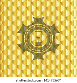 sand clock icon inside shiny golden badge. Scales pattern. Vector Illustration. Detailed.