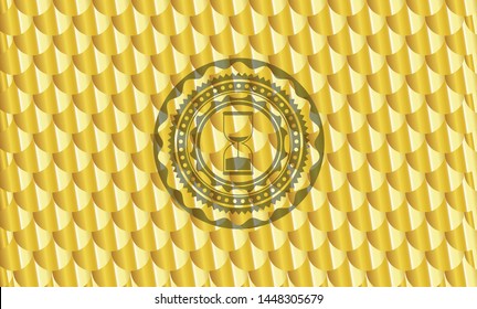 sand clock icon inside shiny golden emblem. Scales pattern. Vector Illustration. Detailed.