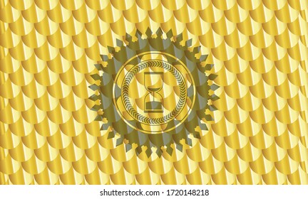 sand clock icon inside shiny golden badge. Scales pattern. Vector Illustration. Detailed. 