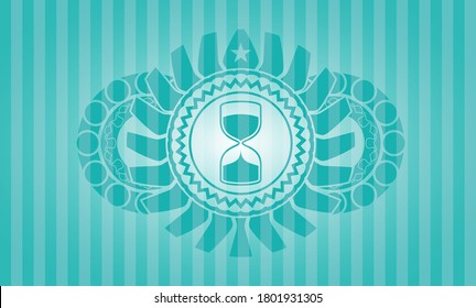 sand clock icon inside Turquoise realistic emblem. Bars classic background. Vector illustration. 