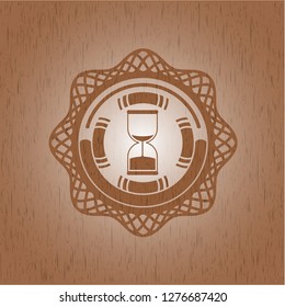 sand clock icon inside wooden emblem. Retro