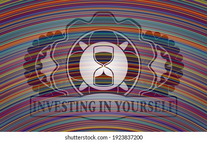 sand clock icon and Investing in yourself text colorful badge. Showy delicate background. Artistic illustration. 