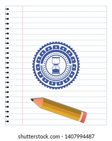 sand clock icon pen emblem. Blue ink. Vector Illustration. Detailed.