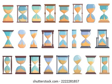 Los iconos del reloj de arena establecen el vector de la caricatura. hora de vidrio. Reloj de temporizador