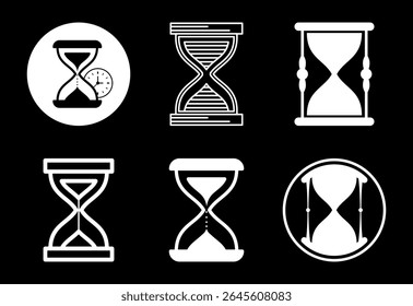 Sand clock icons set design. Hourglass symbol, Time measuring sign white on black background