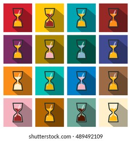 Sand Clock Icons Set. Flat Design Long Shadow Vector Retro Colourful Sand Clocks.