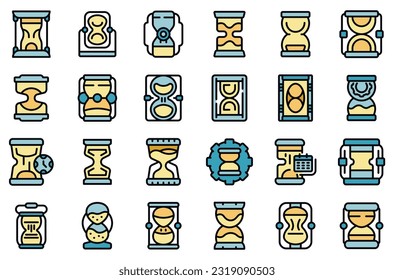 Los iconos de reloj de arena establecen el vector de contorno. Vigila el tiempo. Color de la línea delgada del reloj en blanco