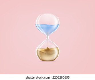 Sand clock. Realistic hourglass. Water scarcity. Sandglass with drops falling flow. Drought in Africa desert. Thirsty arid summer. Aqua resources depletion. Vector illustration object