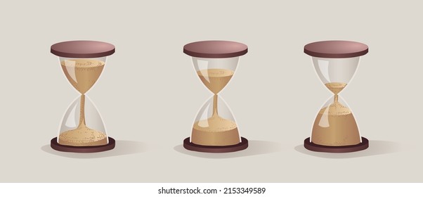 Sand clock set on different stage. Volume, 3d hourglass.