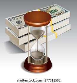 Sand clock with stack of dollars. Vector illustration