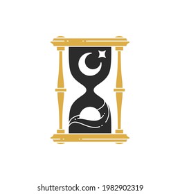 Reloj de arena con ilustración vectorial de silueta dibujada a mano por el sol y la luna. Dibujo de vidrio de color para la decoración de emblemas de afiches y místicos o para la impresión de moda.