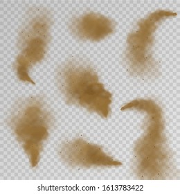 Sand cloud. Dry dust fog, desert sandy air explosion with particles. Brown dirty spray vector isolated sandstorm effects and textures