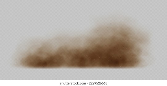 Sand cloud, sandstorm, dirty dust or brown smoke. Heavy thick smog effect isolated on transparent background. Realistic vector illustration